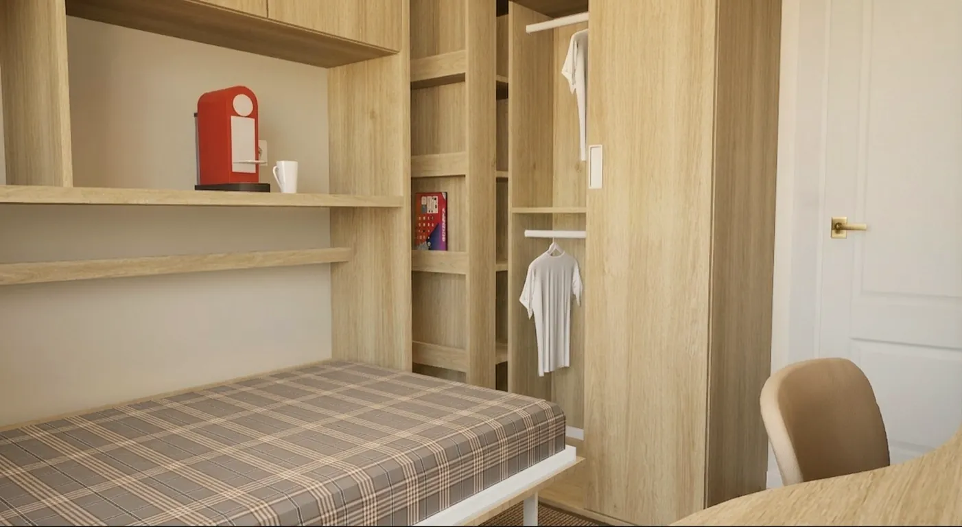 Cama abatible abierta integrada en el mueble a medida, con estantería y armario en madera
