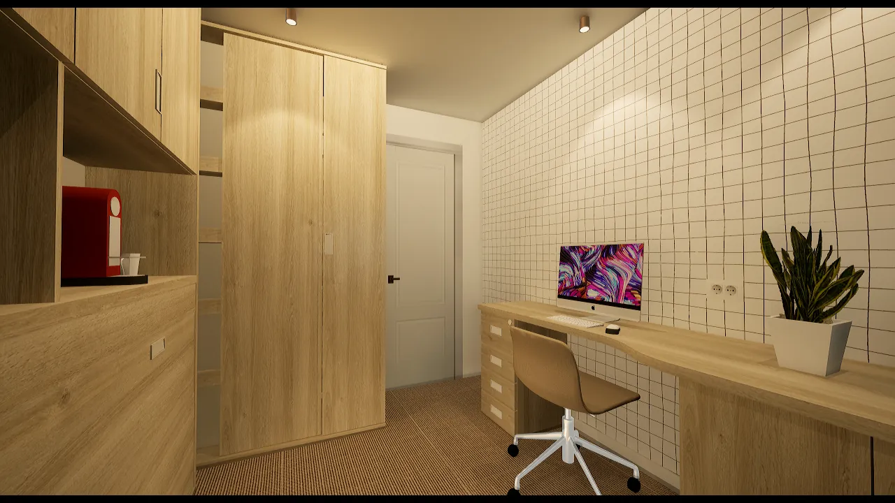Habitación de estudio con cama abatible y mobiliario a medida
